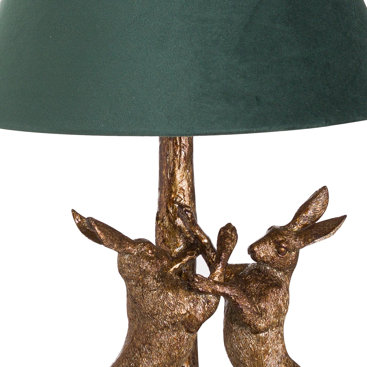 Antique Gold Marching Hares Lamp With Green Velvet Shade - Seasons Home Interiors