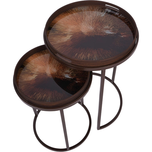 Golden Burst Tray Nesting Tables | Stylish Metal & Wood-Effect Side Table