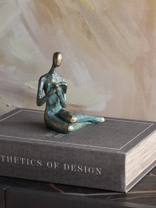 Reading Woman Sculpture – Verdigris Resin Decorative Ornament