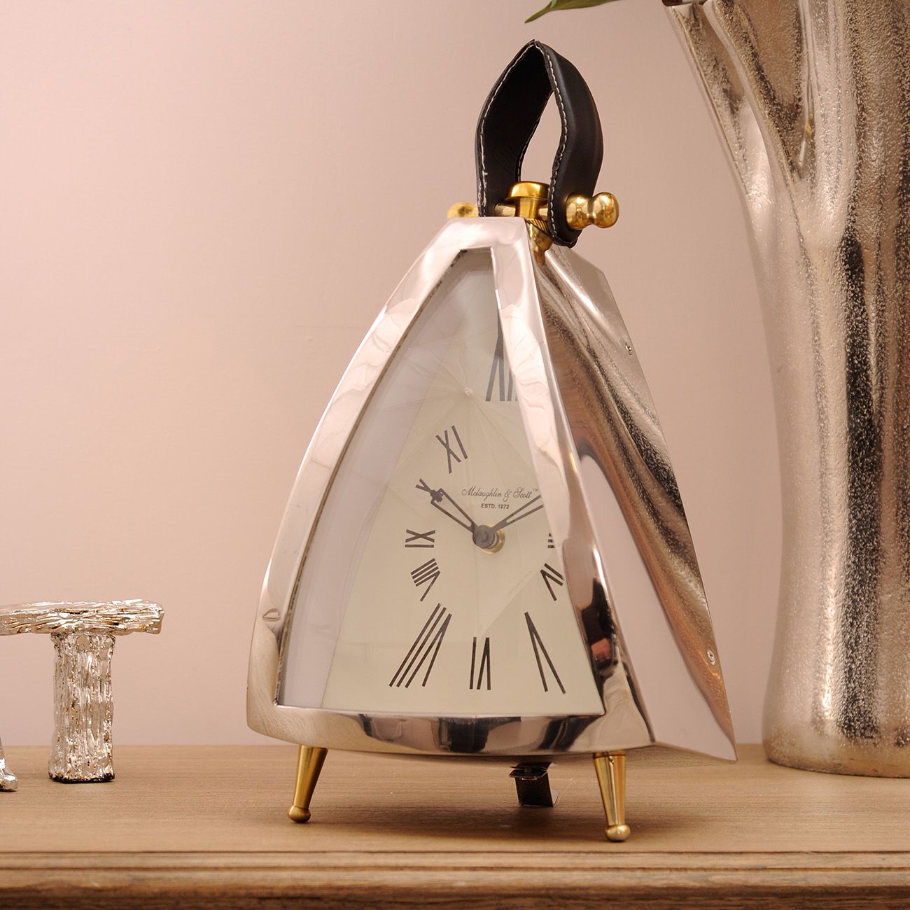 Isosceles Nickel Curved Front Mantel Clock Large