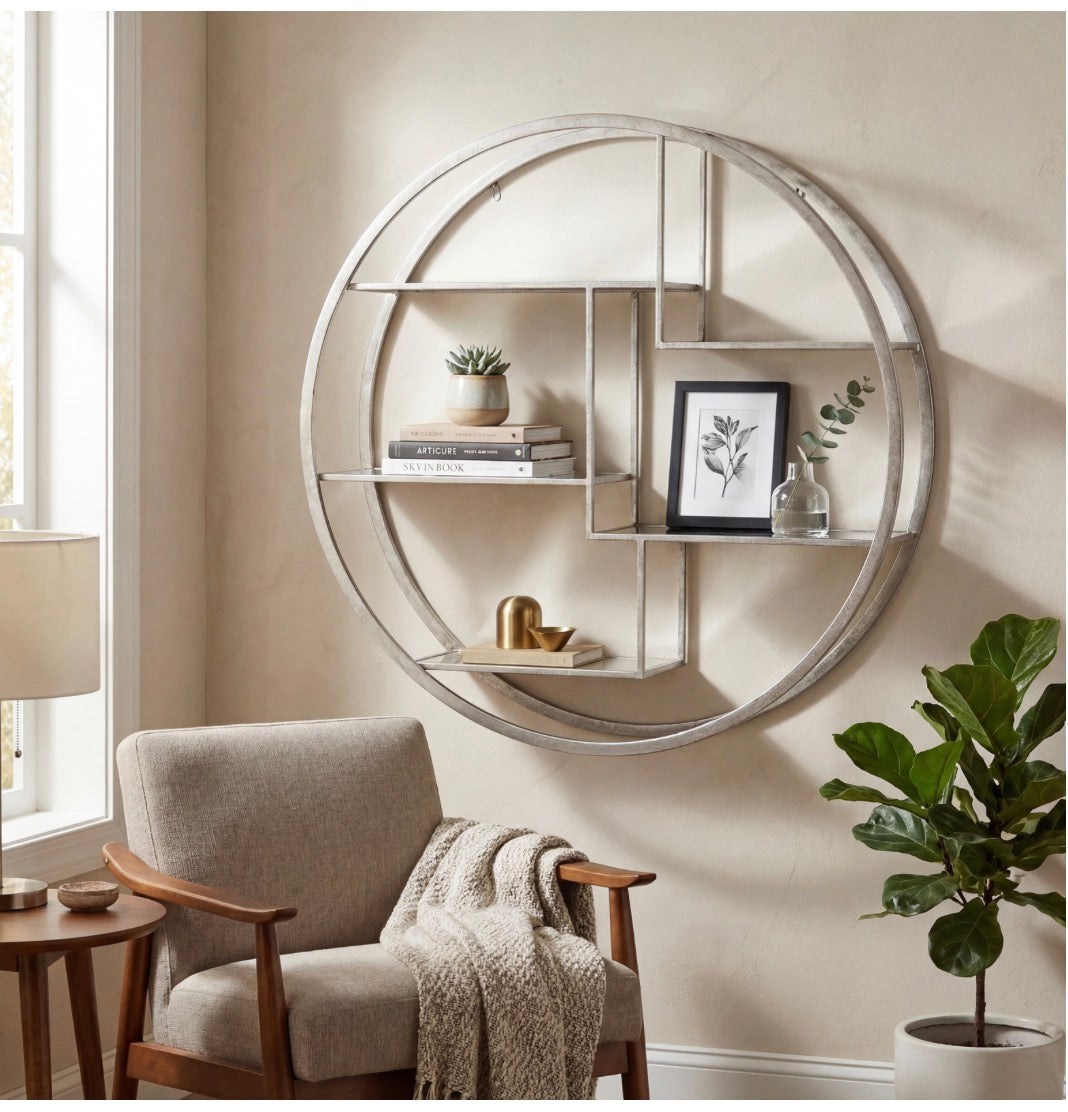 Large Circular Silver Wall Hanging Multi Shelf
