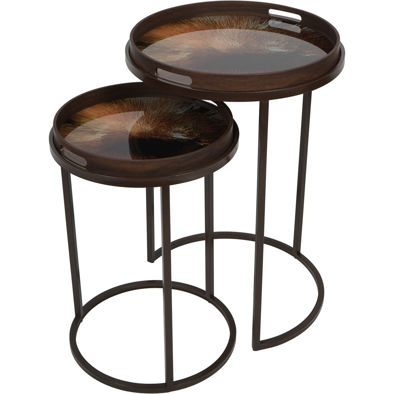 Golden Burst Tray Nesting Tables | Stylish Metal & Wood-Effect Side Table