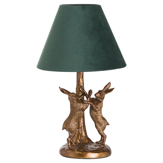 Antique Gold Marching Hares Lamp With Green Velvet Shade - Seasons Home Interiors