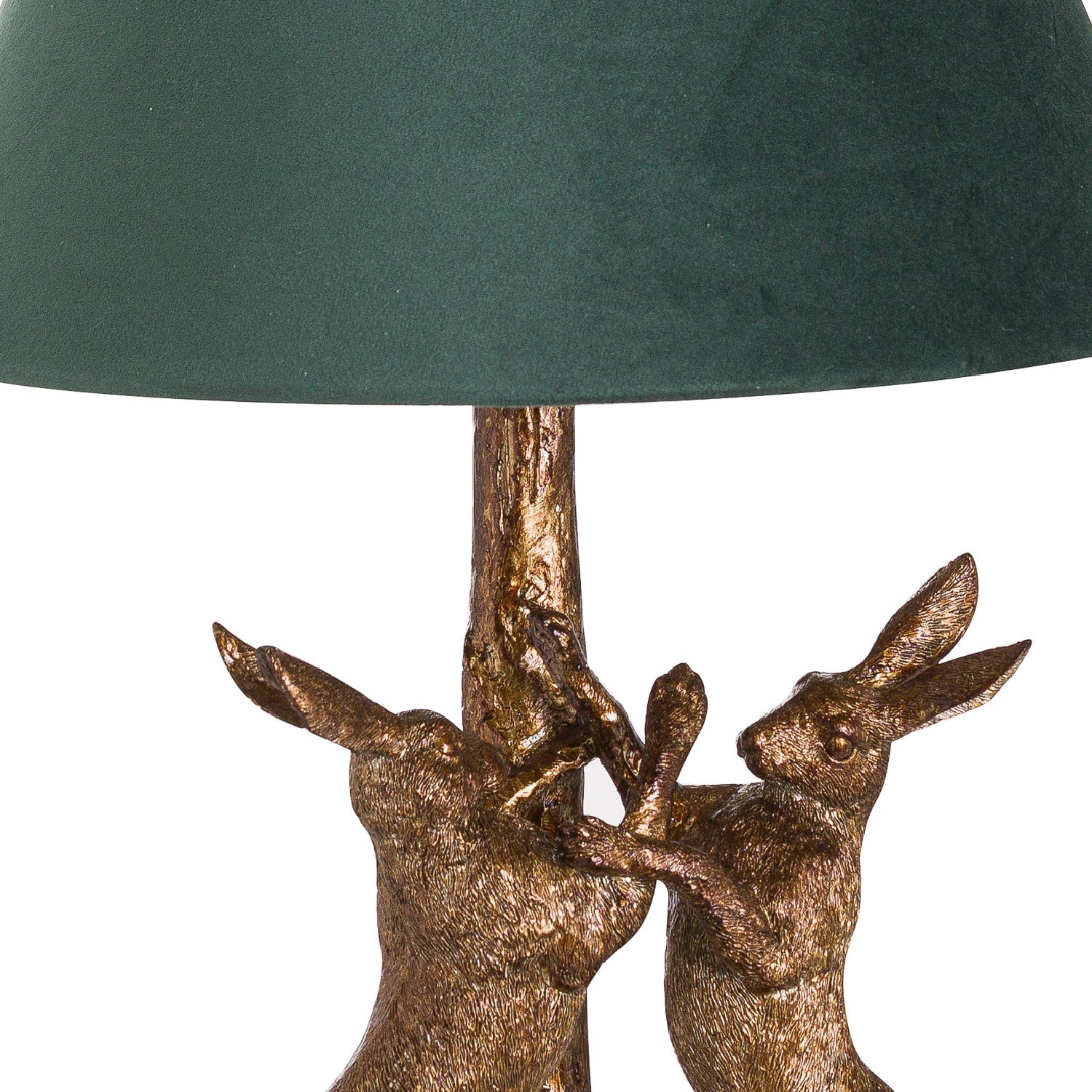 Antique Gold Marching Hares Lamp With Green Velvet Shade - Seasons Home Interiors