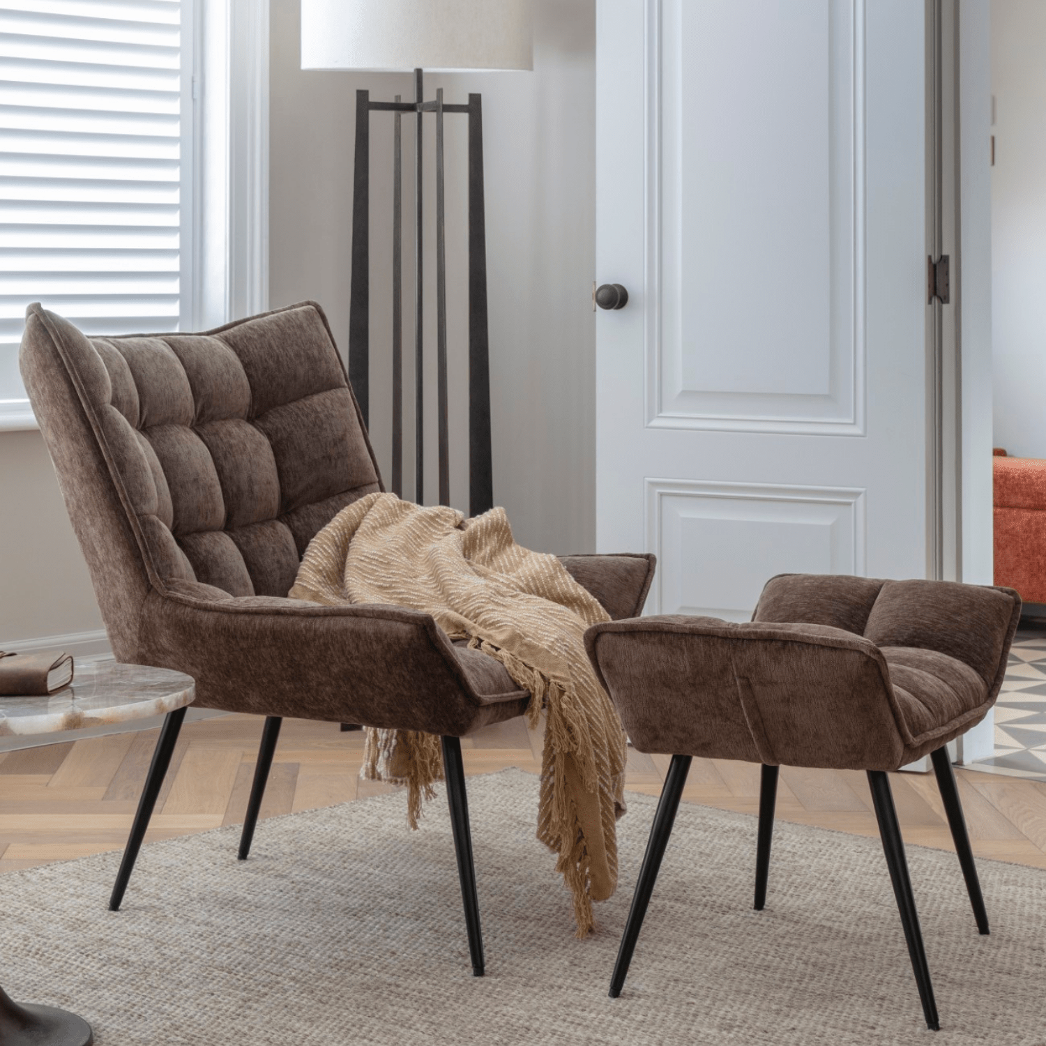 Chrishall Occasional Chair with Footstool in Brown Velour - Seasons Home Interiors