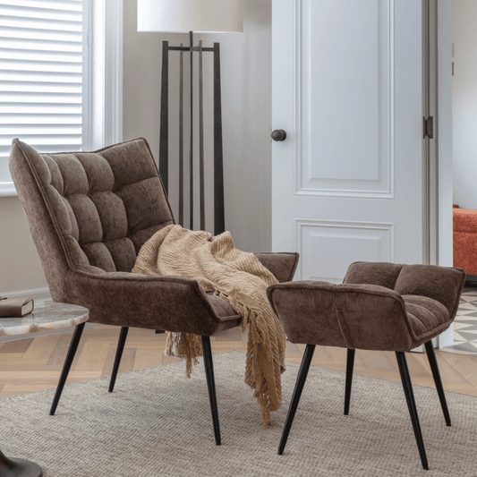 Chrishall Occasional Chair with Footstool in Brown Velour - Seasons Home Interiors
