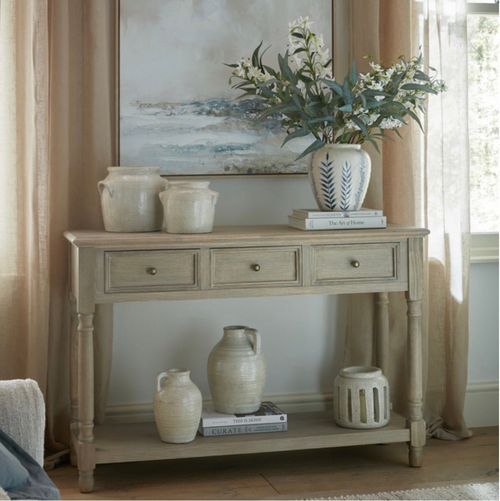 Delphine Collection 3 Drawer Console With Shelf - Seasons Home Interiors