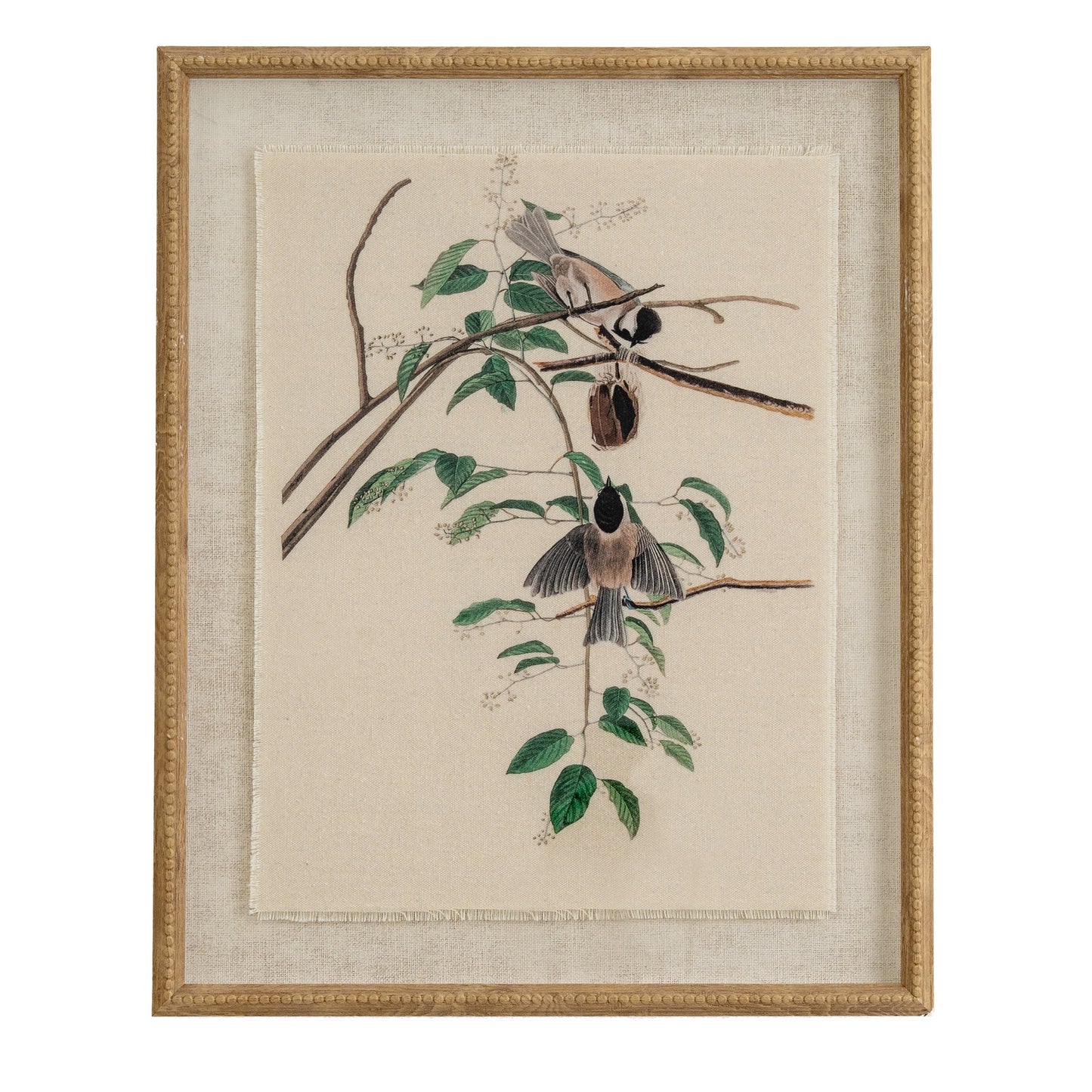 Flora & Fauna Collection Chickadees On Linen In Beaded Frame - Seasons Home Interiors