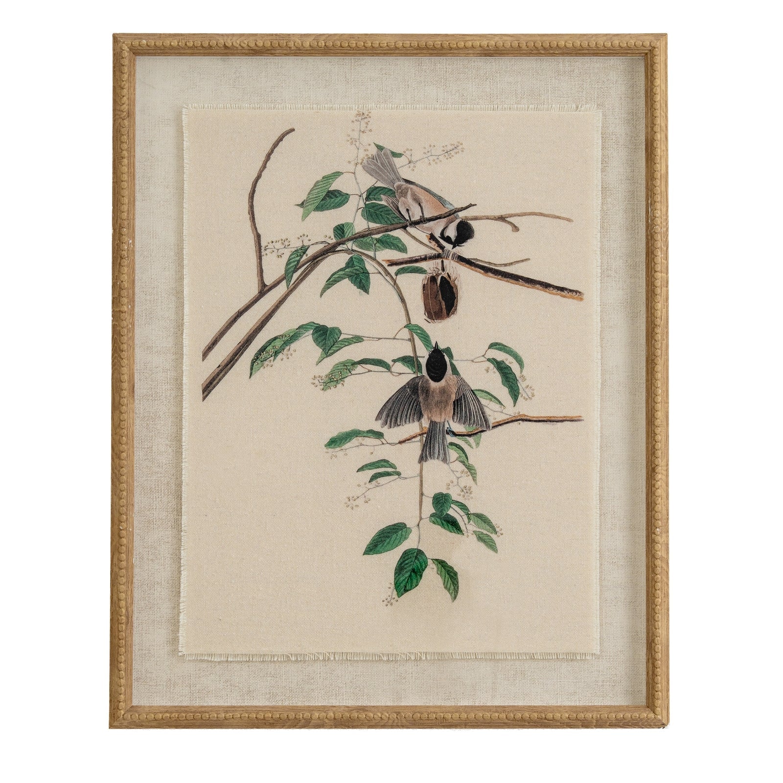 Flora & Fauna Collection Chickadees On Linen In Beaded Frame - Seasons Home Interiors