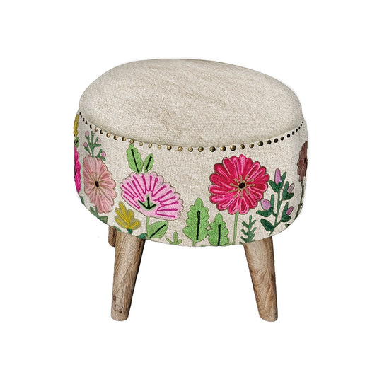 Hand embroidered Leigh stool Easley linen - Seasons Home Interiors
