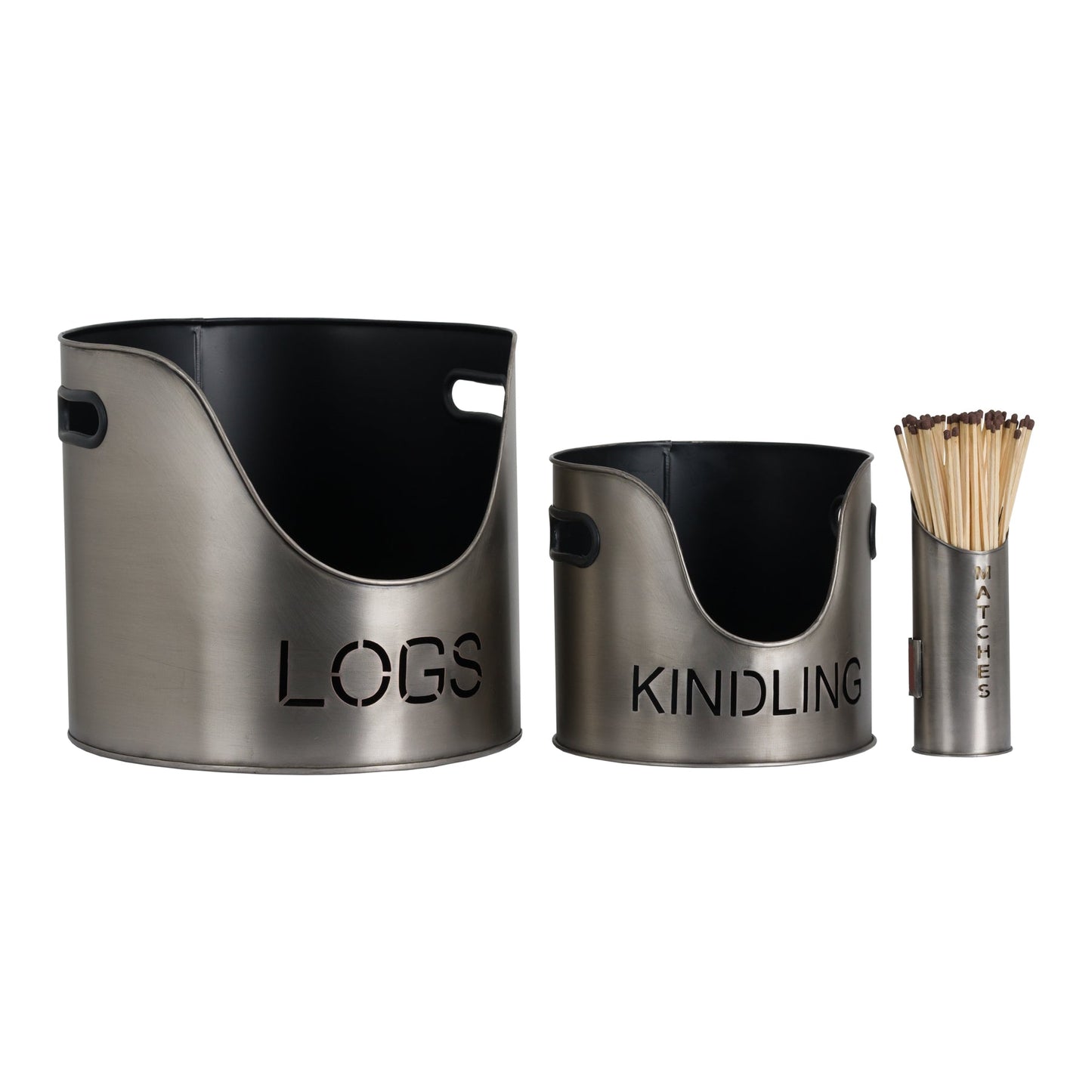 Pewter Finish Logs And Kindling Buckets & Matchstick Holder - Seasons Home Interiors