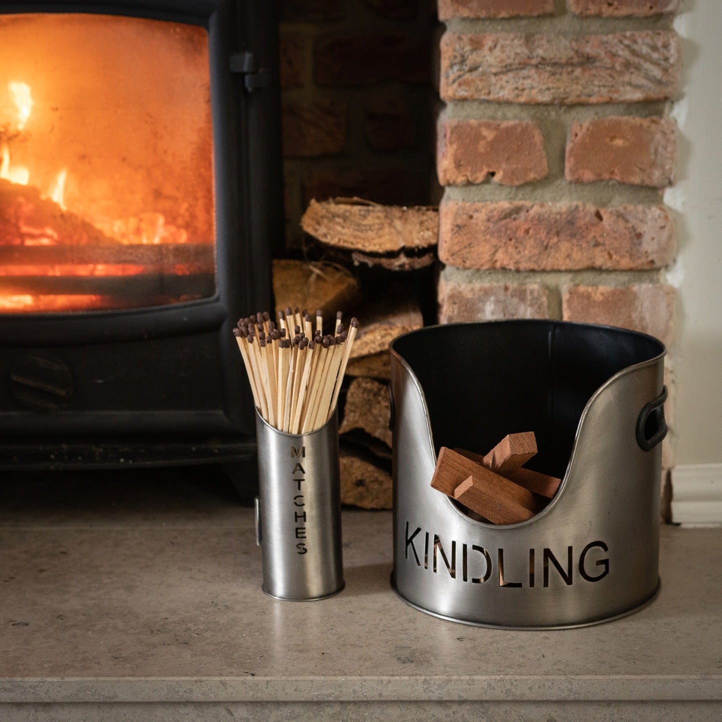 Pewter Finish Logs And Kindling Buckets & Matchstick Holder - Seasons Home Interiors