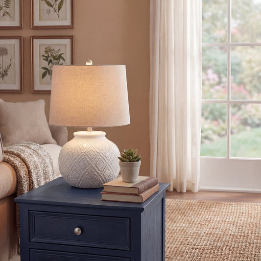 Squat White Beaded Ceramic Lamp with Linen Shade - Seasons Home Interiors