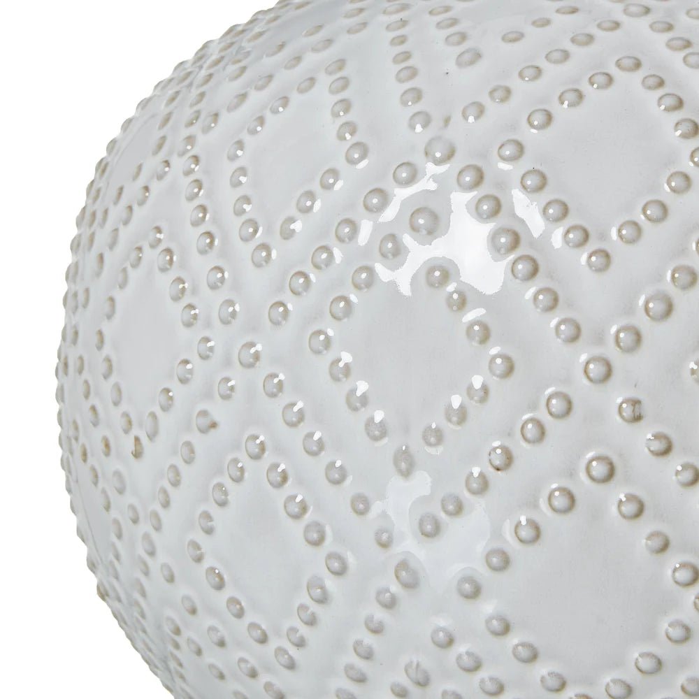 Squat White Beaded Ceramic Lamp with Linen Shade - Seasons Home Interiors
