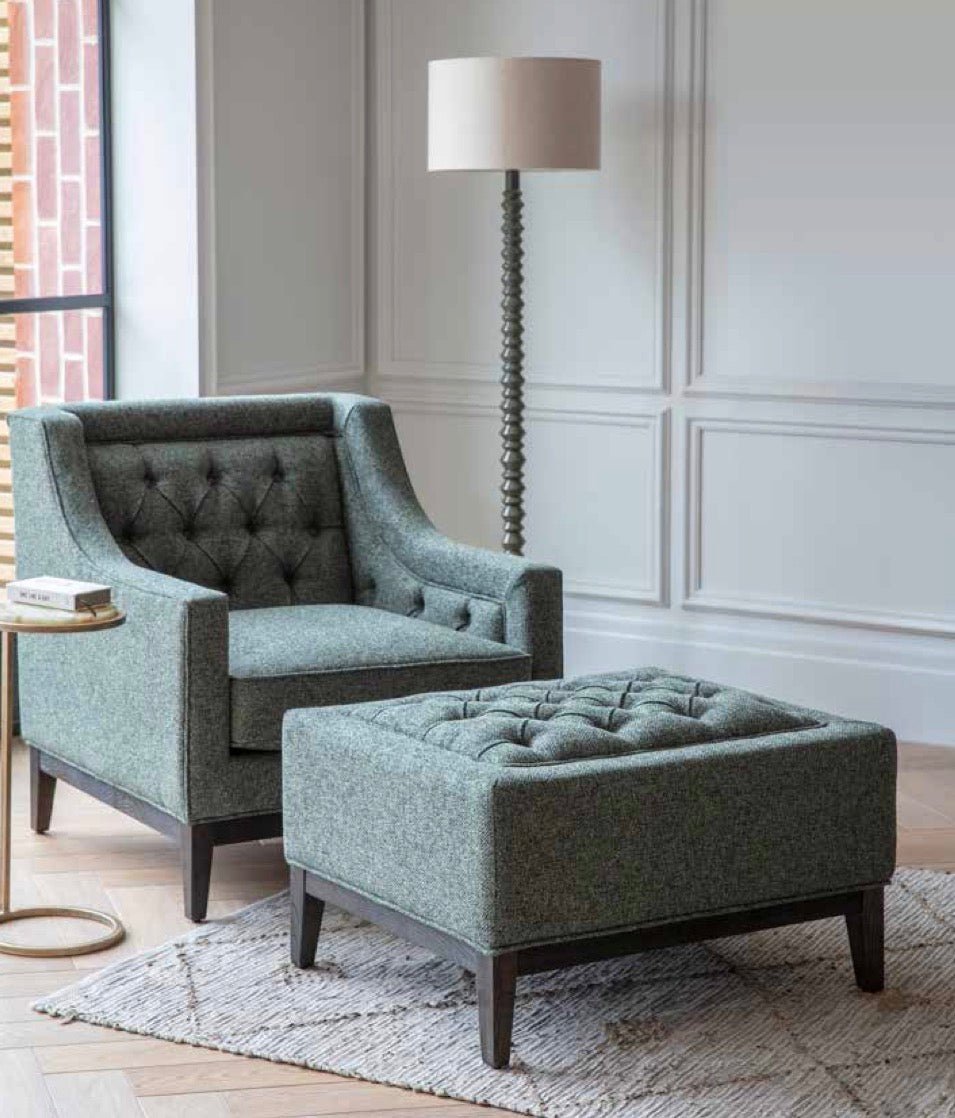Theodore Buttoned Armchair, Forest Green, Natural Taupe and Ivory - Seasons Home Interiors