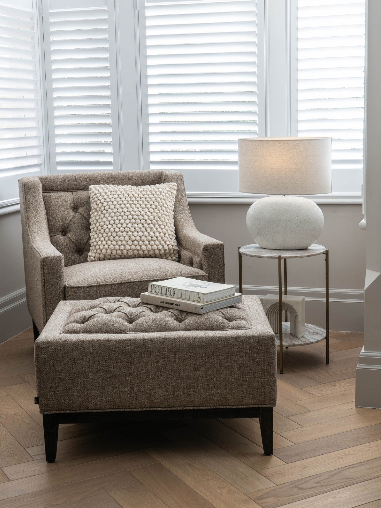 Theodore Buttoned Armchair, Forest Green, Natural Taupe and Ivory - Seasons Home Interiors