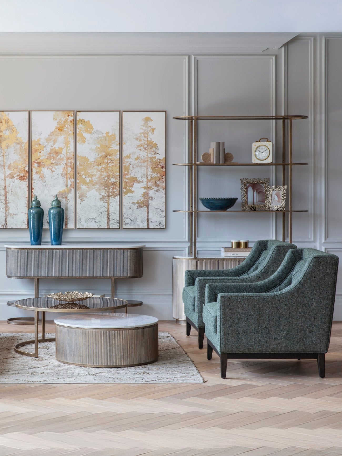 Theodore Buttoned Armchair, Forest Green, Natural Taupe and Ivory - Seasons Home Interiors