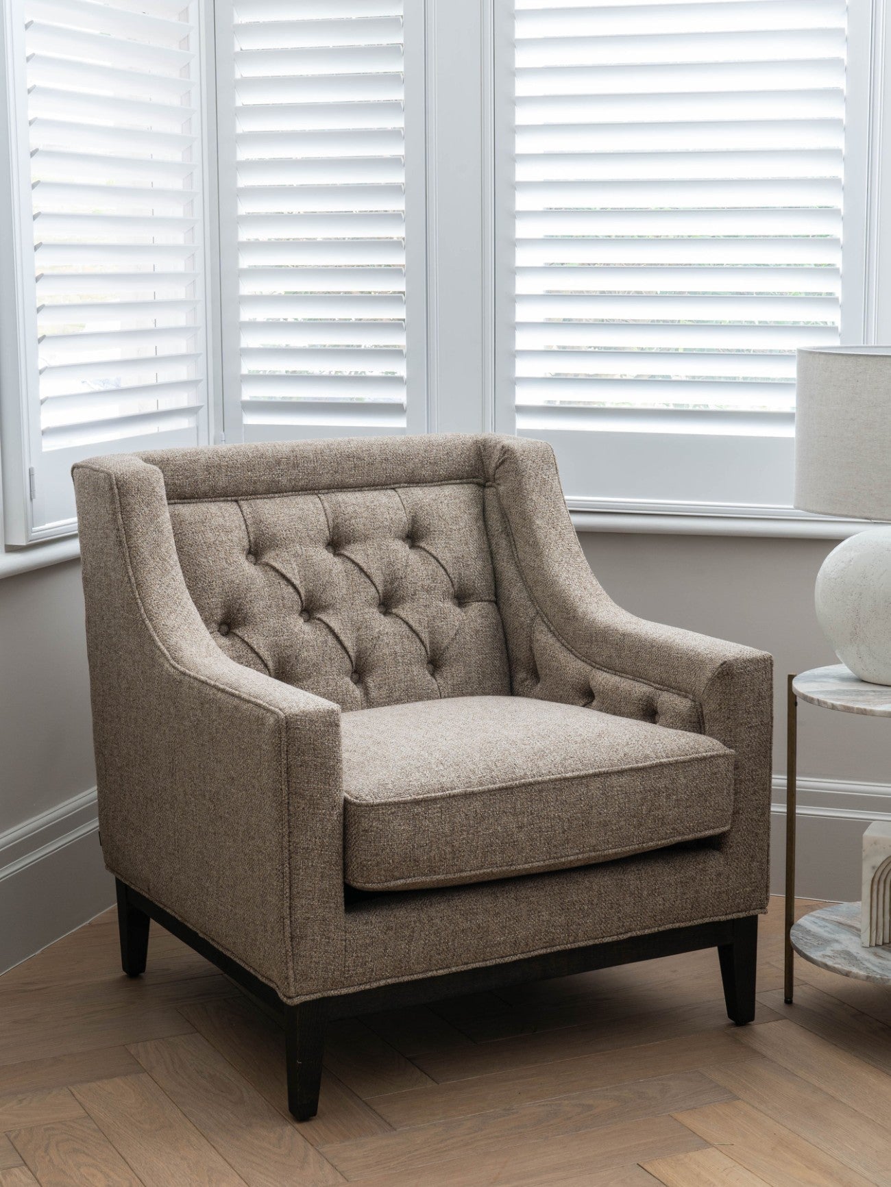 Theodore Buttoned Armchair, Forest Green, Natural Taupe and Ivory - Seasons Home Interiors